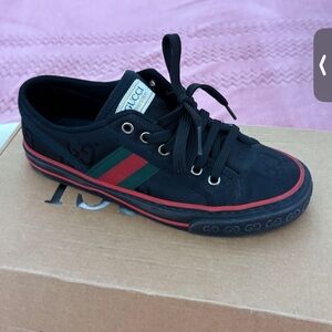 Gucci Black Canvas Sneakers with Red and Green Accents